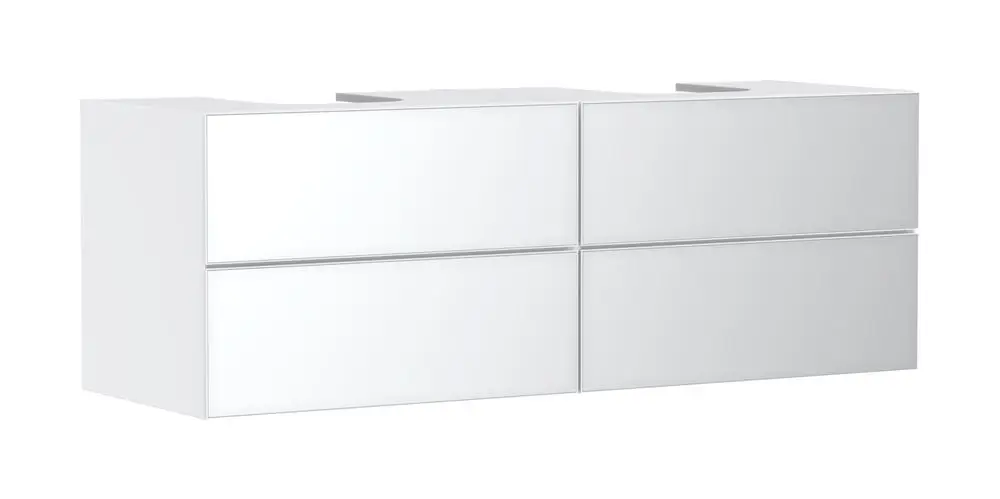 Weißer Waschtischunterschrank mit vier Schubkästen, geeignet für Aufsatzwaschtische, designed von Hansgrohe, minimalistisches und funktionales Design.
